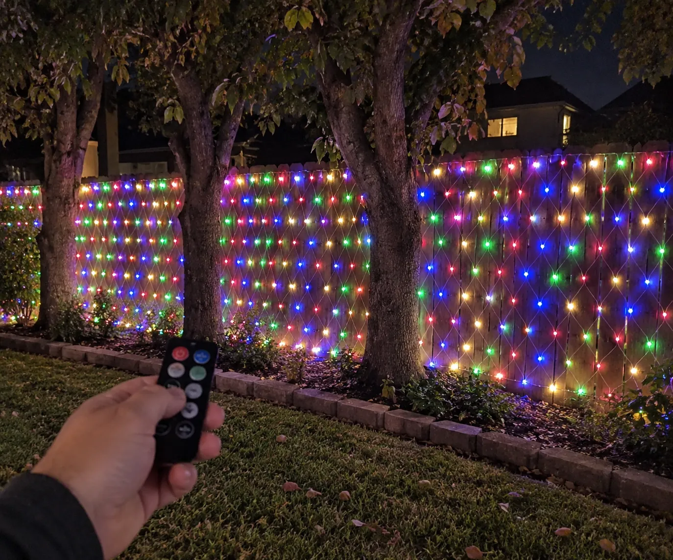 Remote controlling eight lighting modes on the Multicolor net lights