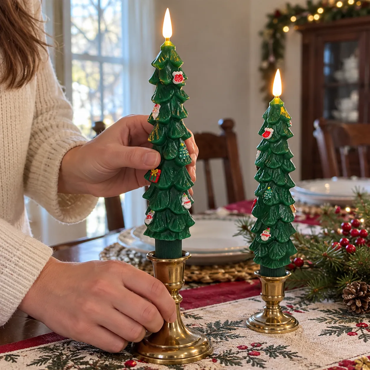 Placing a Christmas tree LED candle into a brass holder
