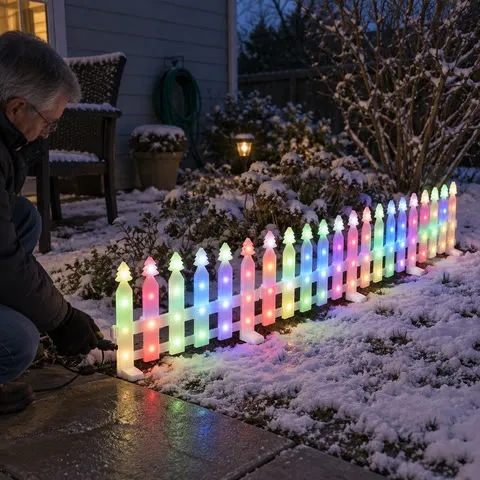 Multicolor fence lights along a snowy garden bed