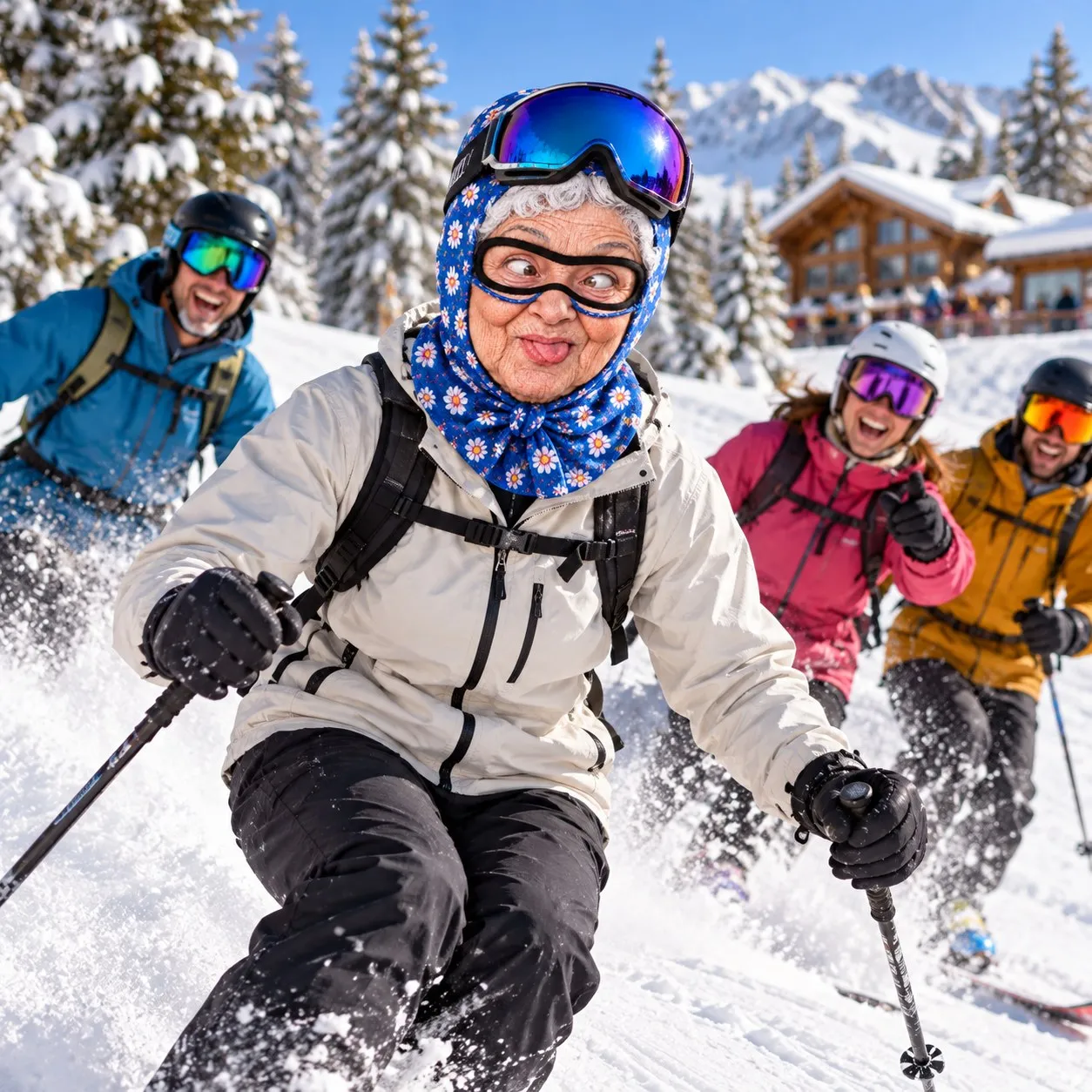 Blue daisy granny face balaclava on a playful skier