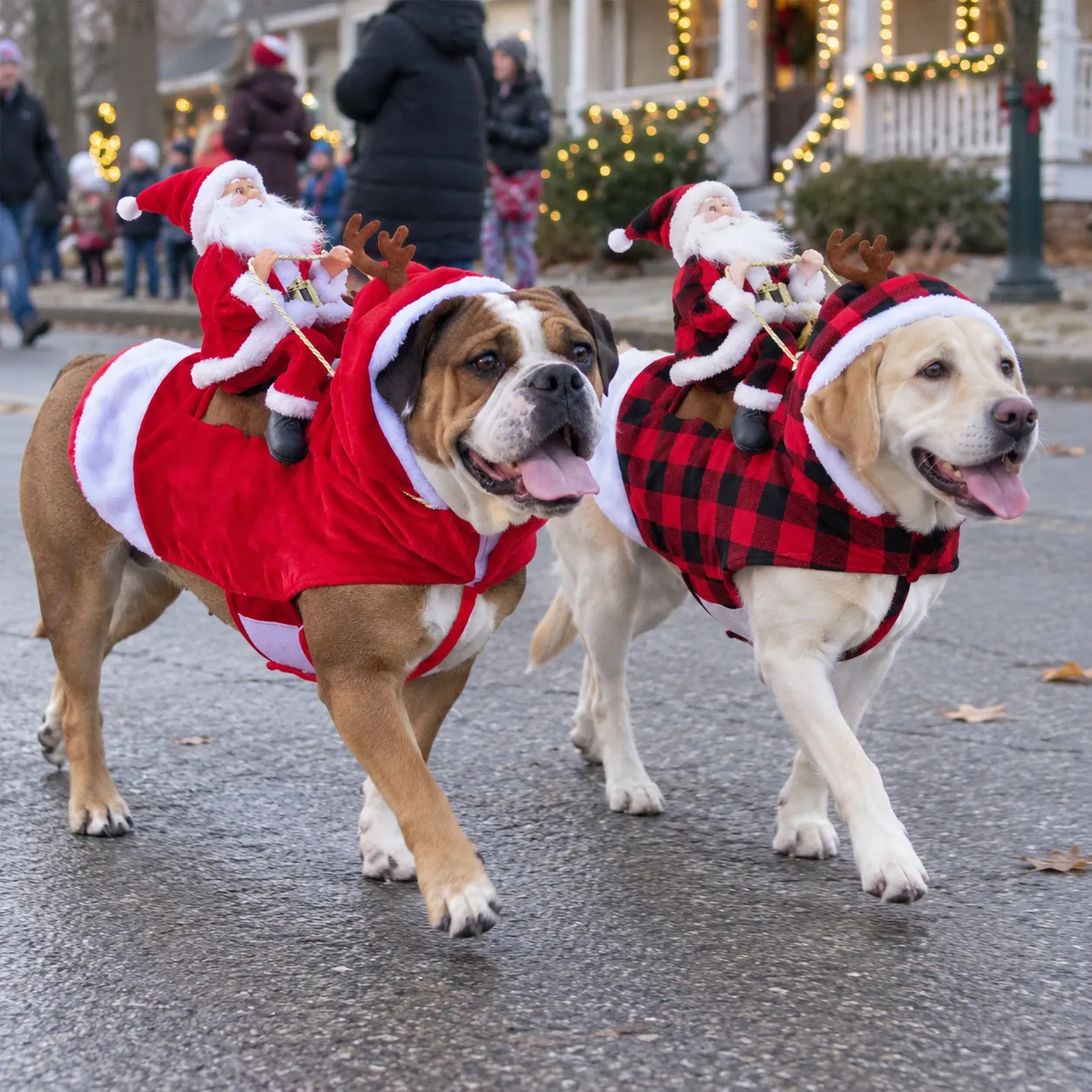 Zwei Hunde in Weihnachtsmann-Reiterkostümen bei einer weihnachtlichen Haustierparade