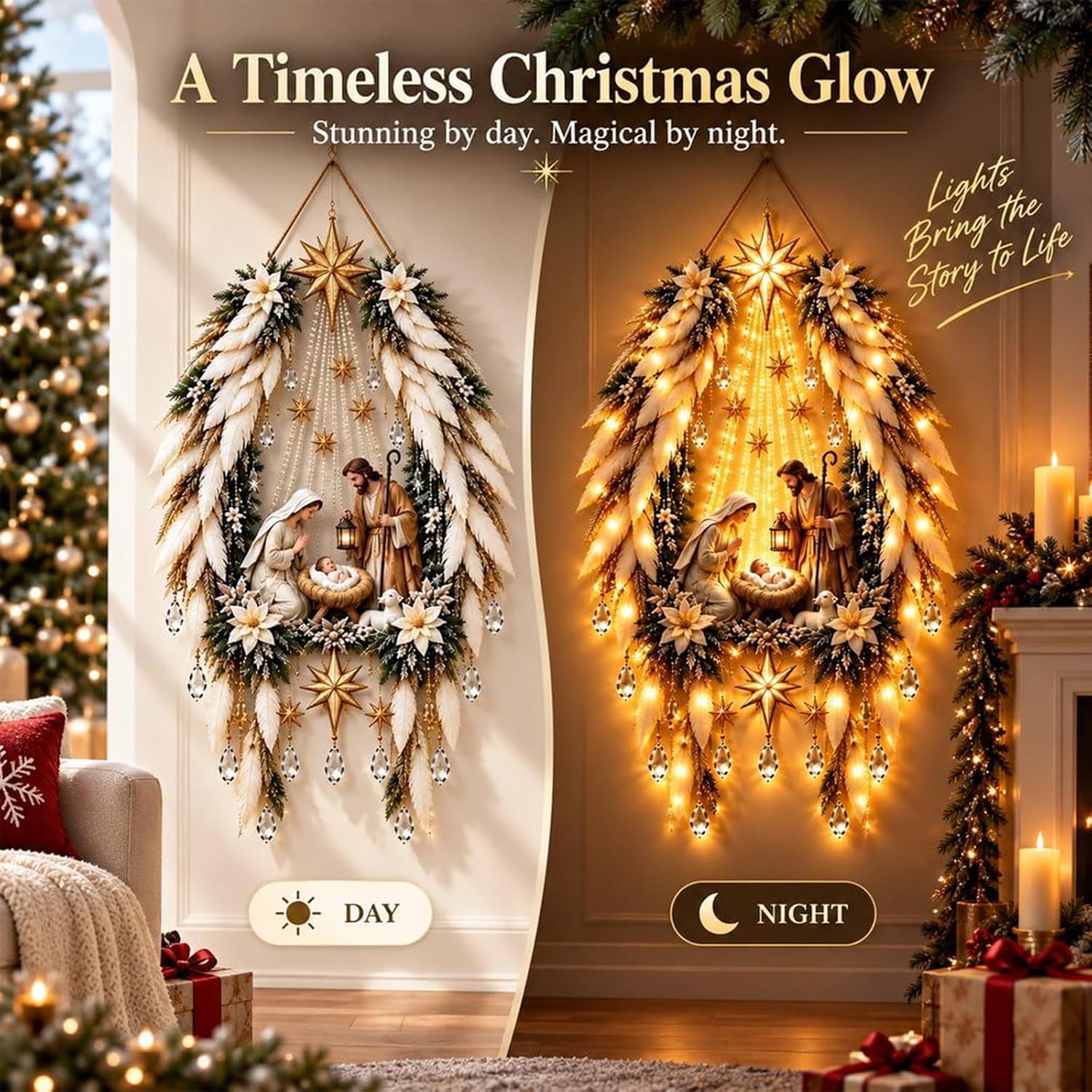 Lighted Nativity Christmas Wall Wreath – Angel, Star & Church Designs - 10