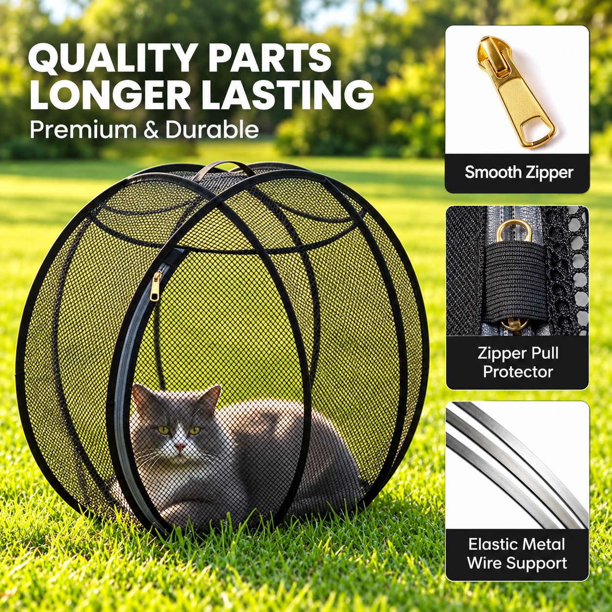 Zipper and flexible support details on the rolling pet playpen