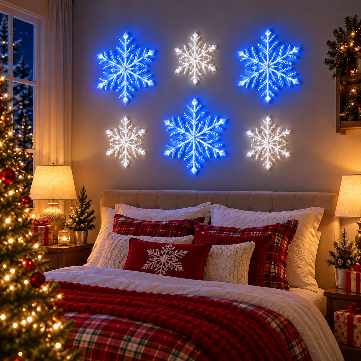 Six blue and white LED snowflakes above a Christmas bedroom