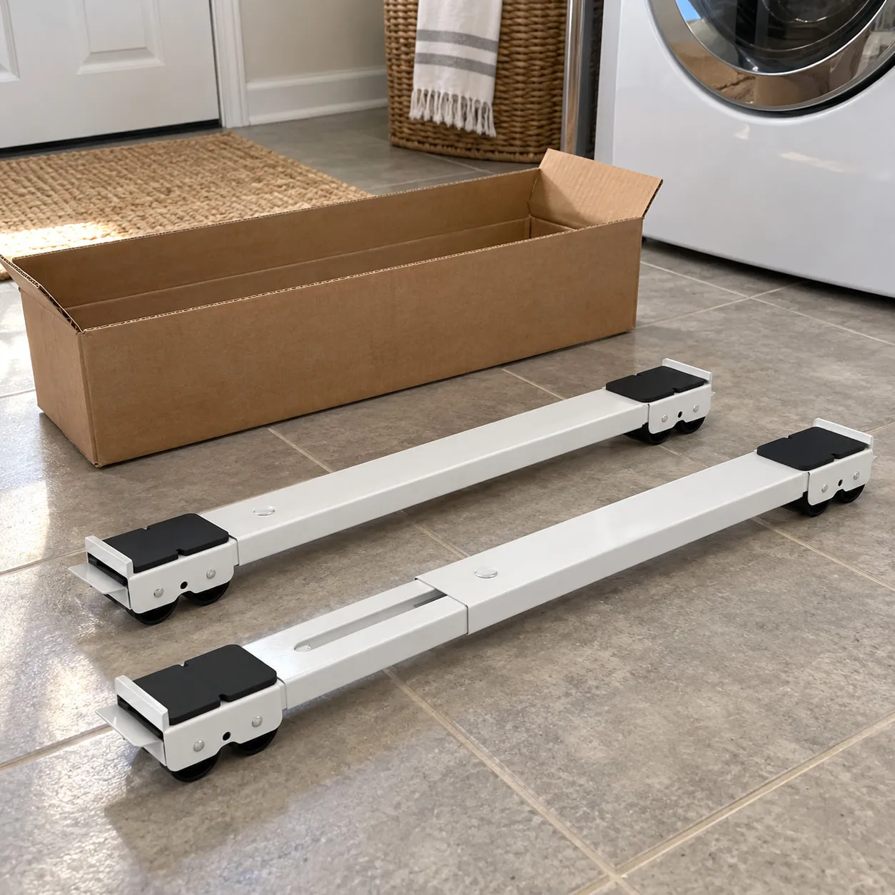 Two telescoping appliance moving rails shown beside an open box
