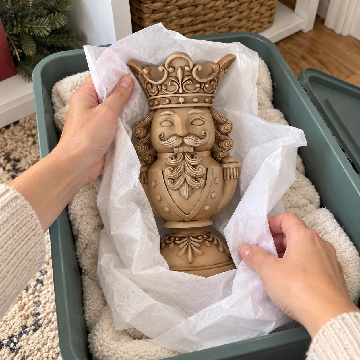 Nutcracker candle holder wrapped gently for upright seasonal storage
