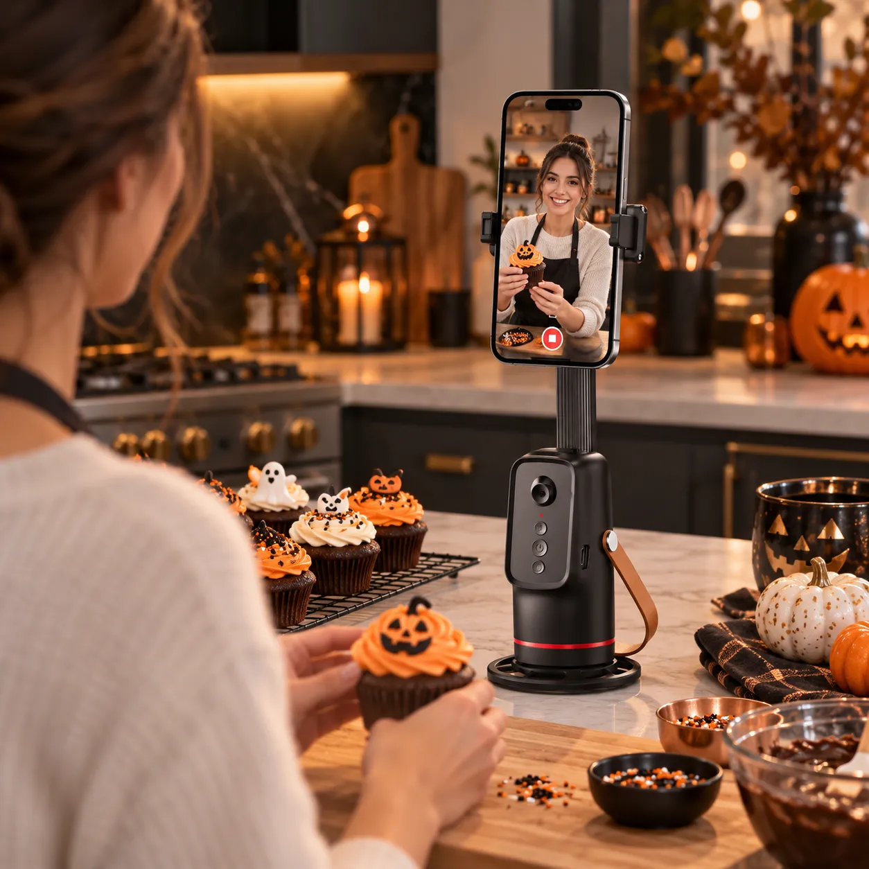 Cook records a Halloween recipe hands-free with the Q03