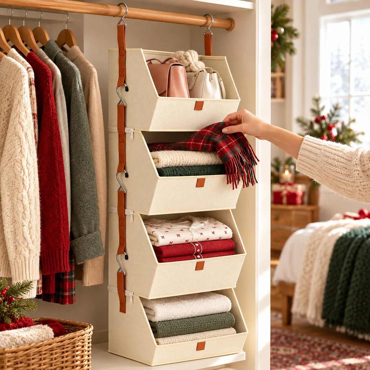Holiday guest closet organized with four open bins