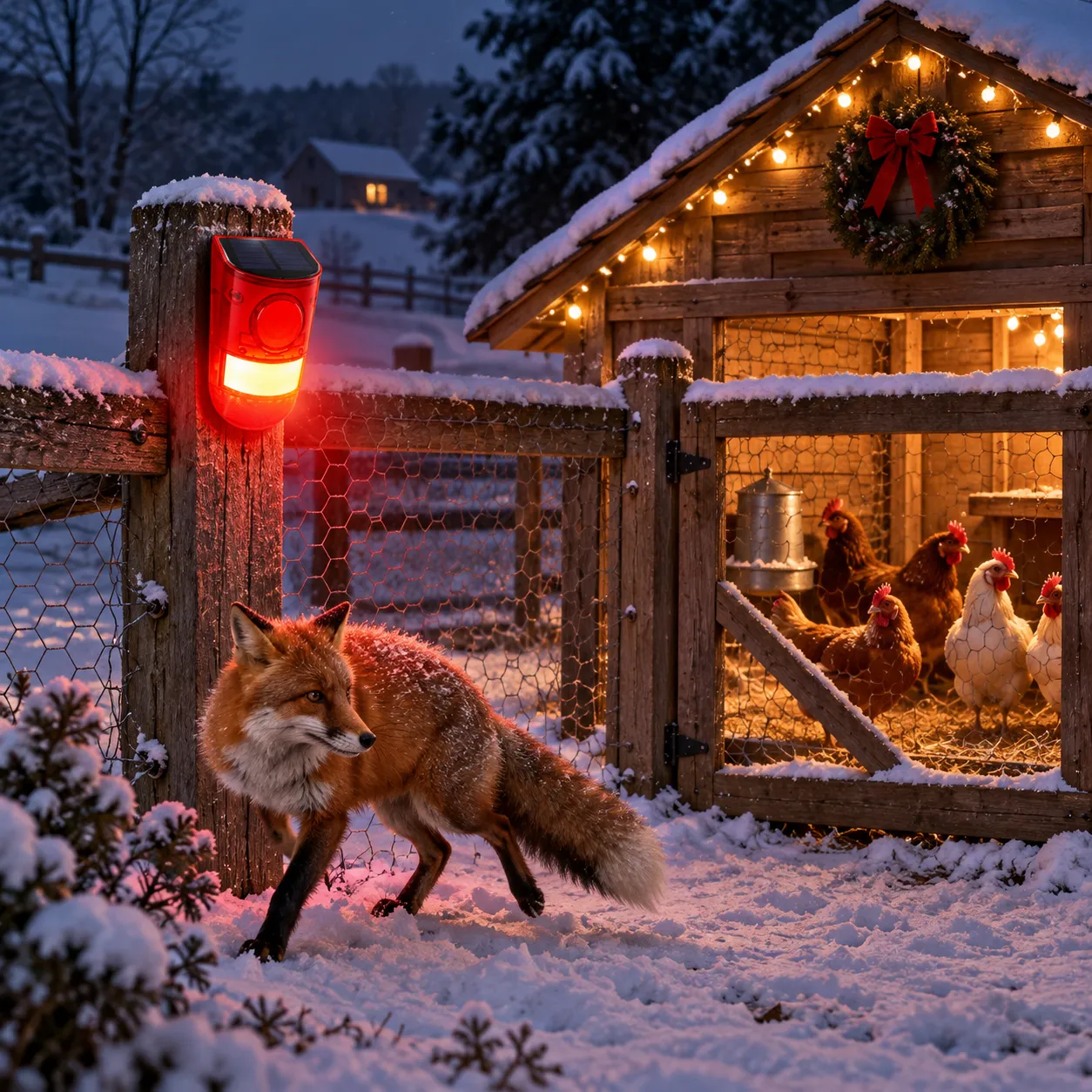 Red solar alarm light guarding a winter chicken coop