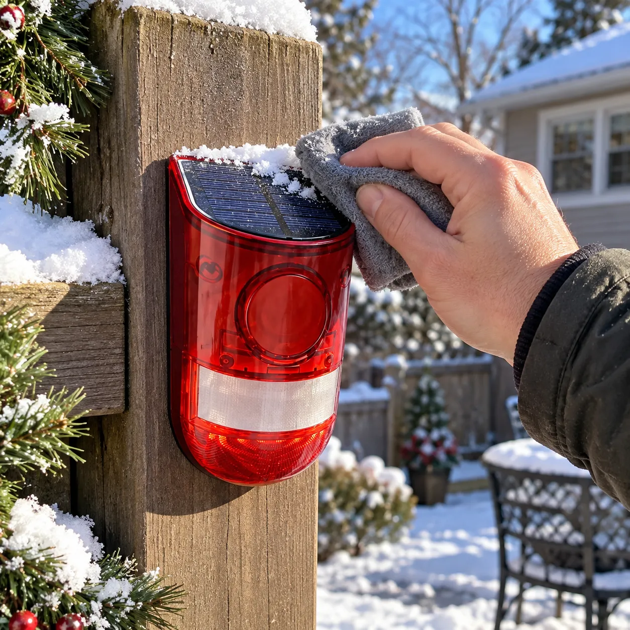 Hand clearing snow from the alarm light solar panel