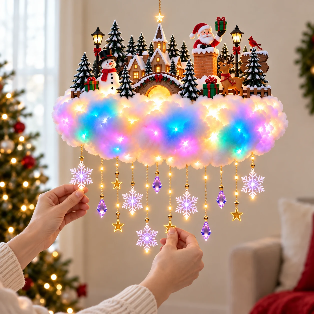 Hands gently arranging the hanging snowflakes stars and crystals