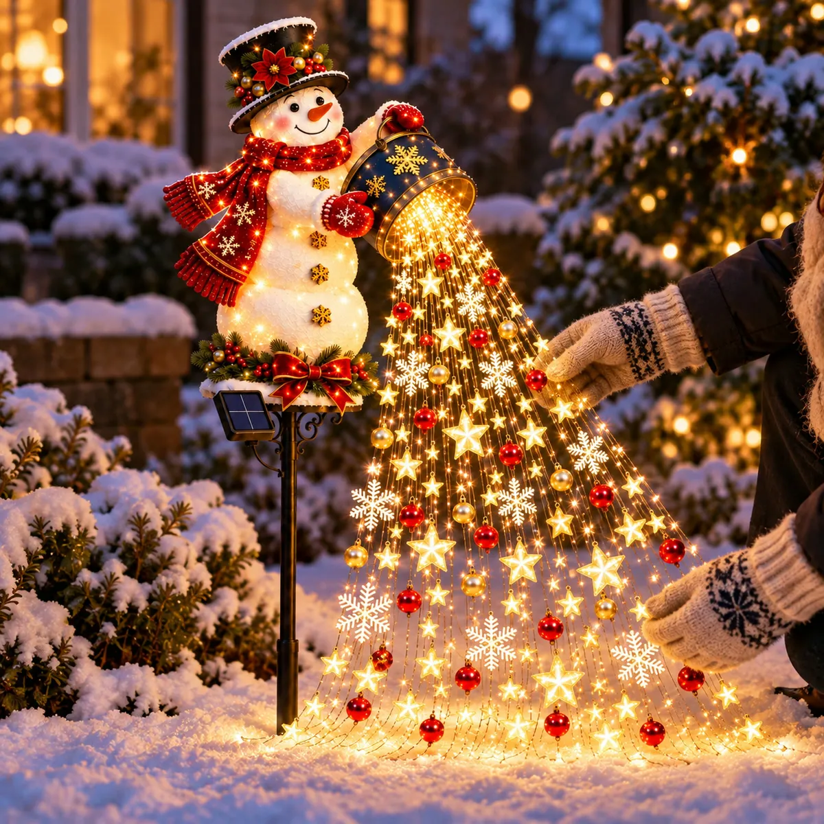 Hands arranging the snowman light strands into an even cascade