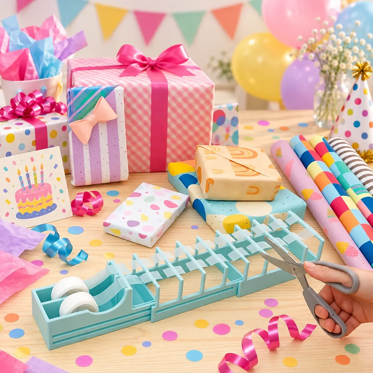 Tape station on a colorful birthday gift-wrapping table
