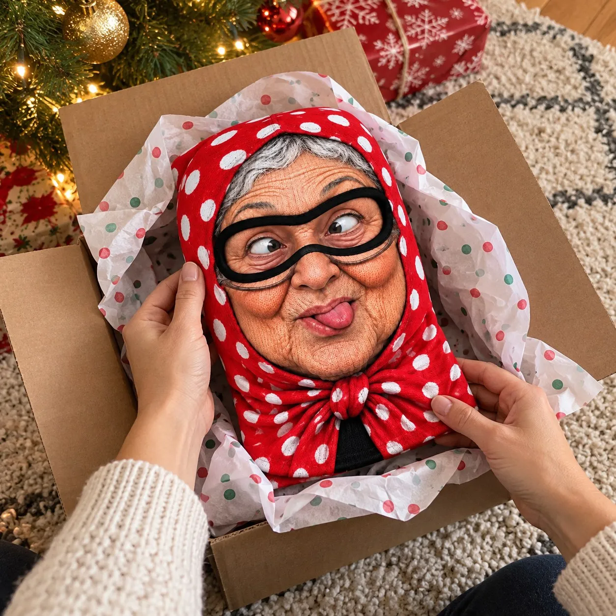 One red polka-dot granny face balaclava inside a simple package
