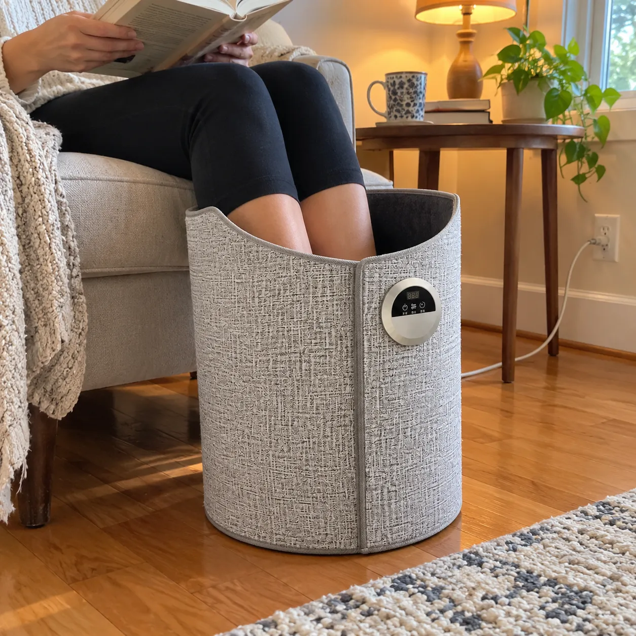 Gray wraparound warmer placed upright on a clear floor in front of a reading chair