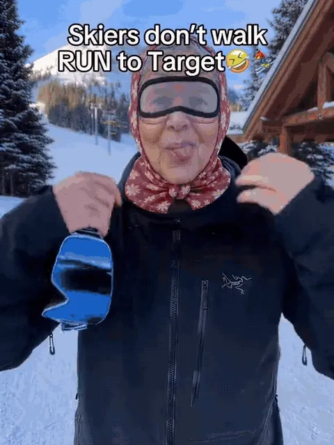 Funny granny face balaclava worn during a ski day