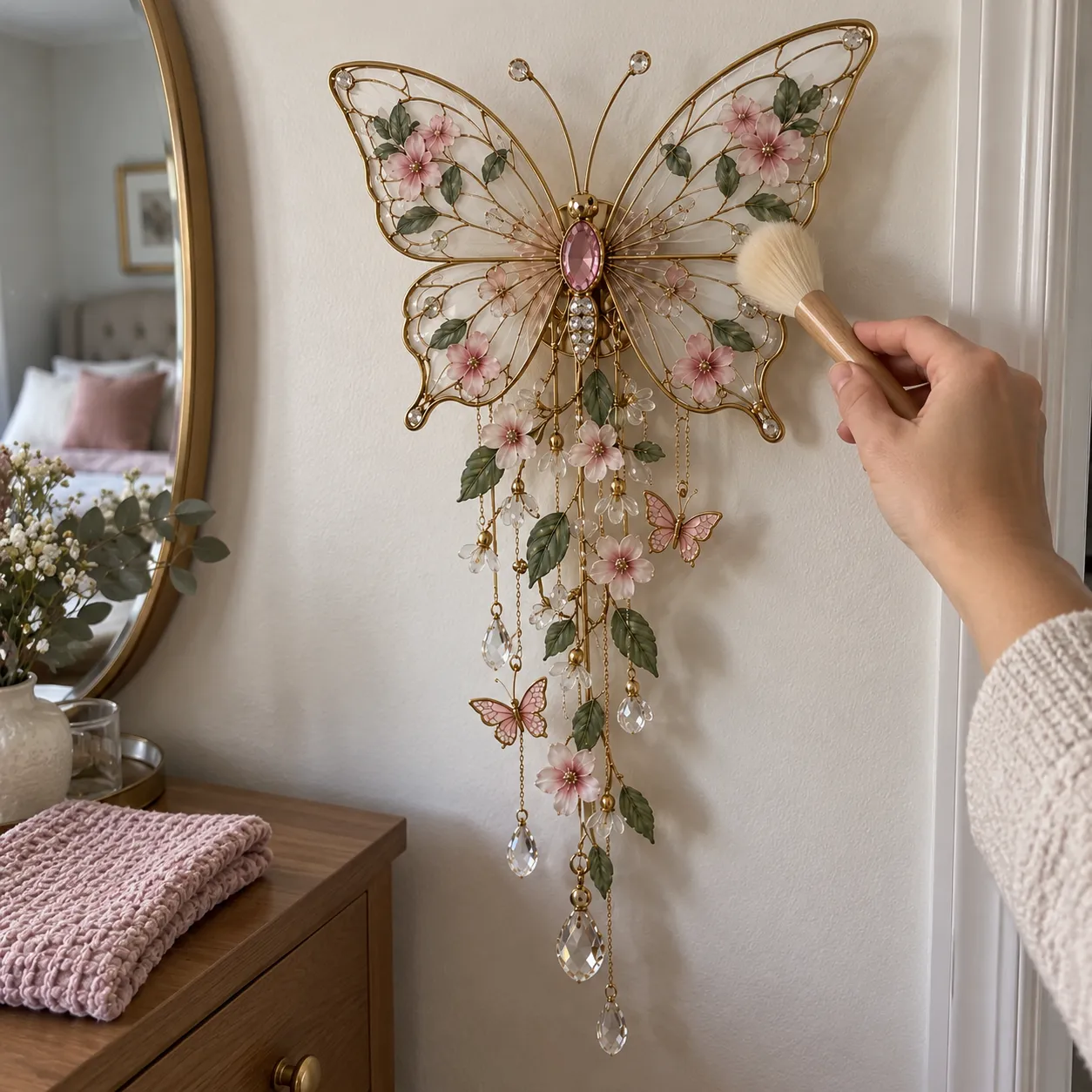 Hand gently dusting the butterfly flower wall hanging