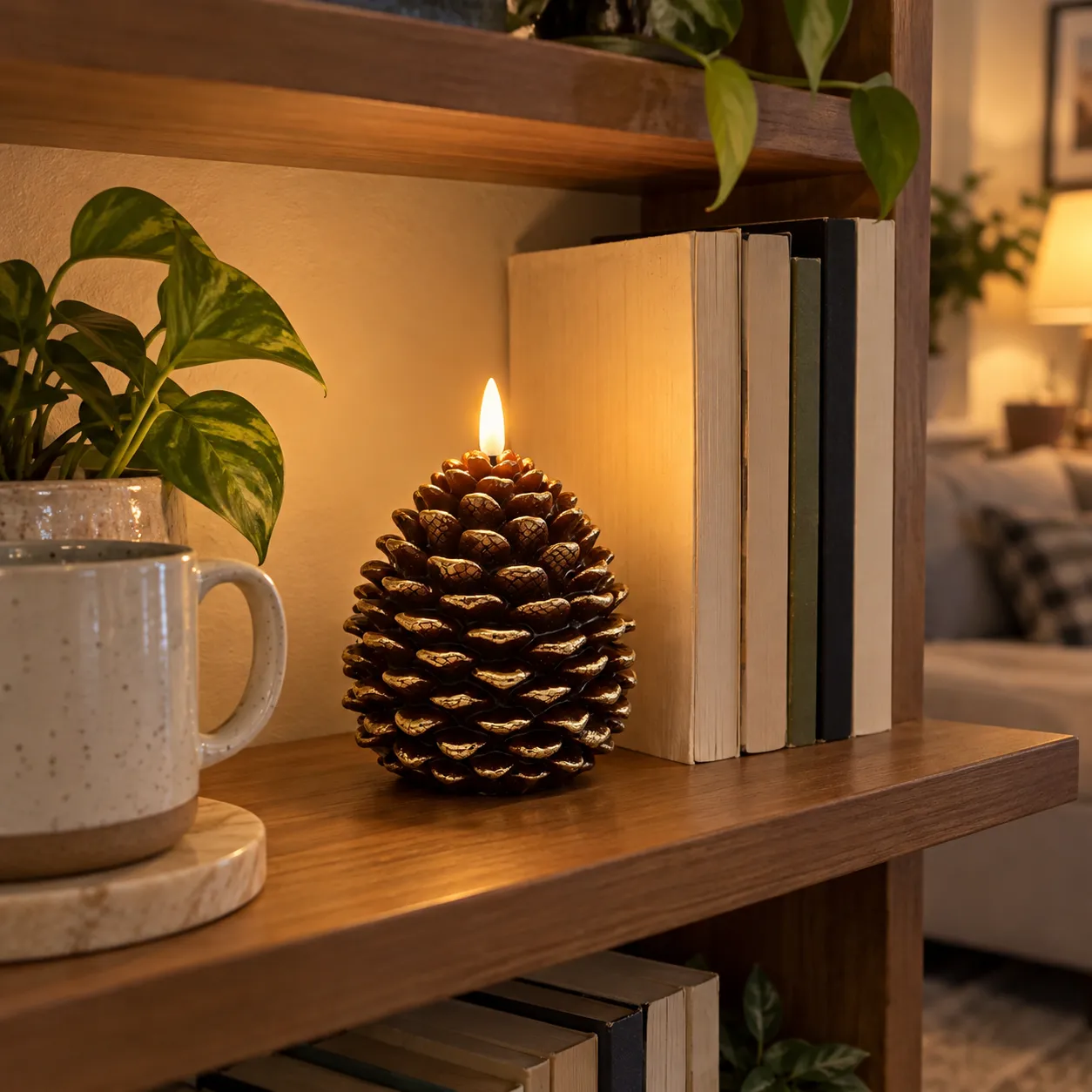 Glowing pinecone candle light displayed on a home bookshelf