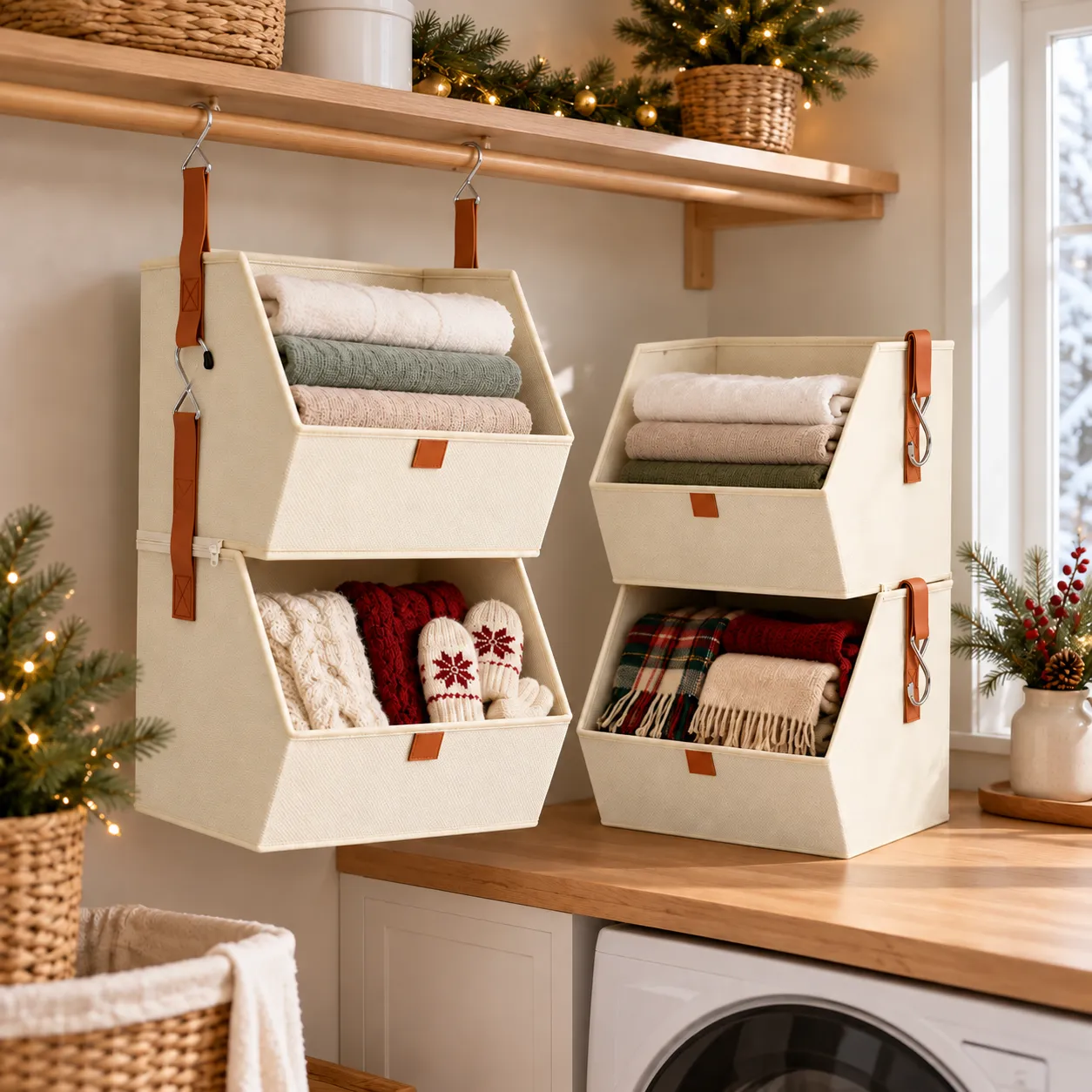 Organizer bins used as hanging and shelf storage
