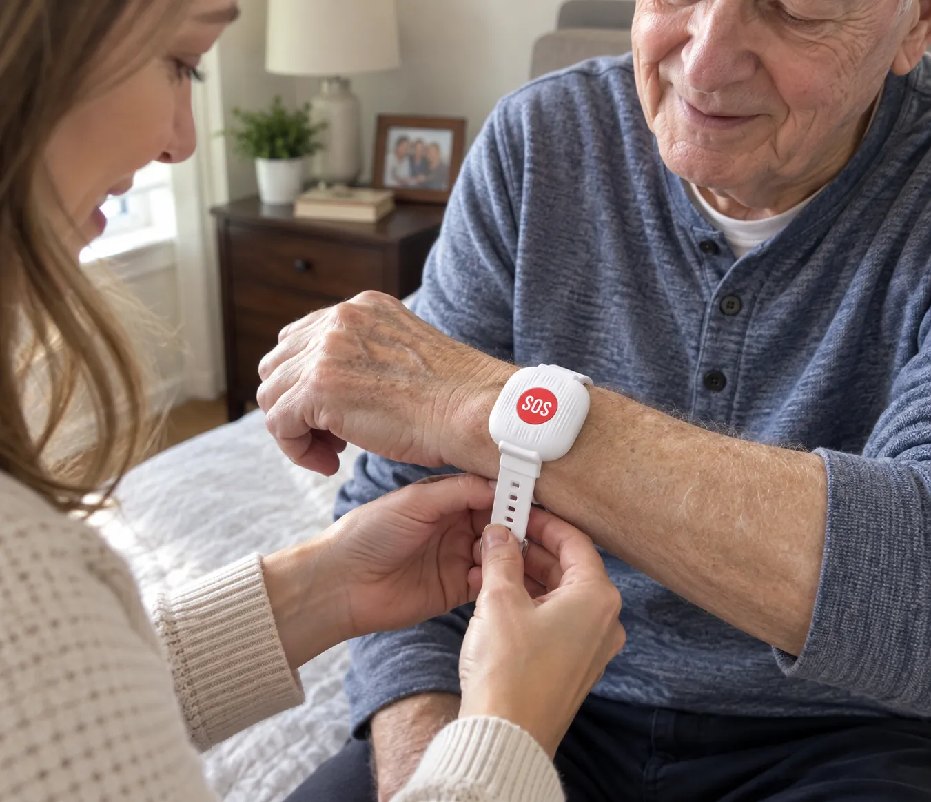 Family member adjusting the SOS wristband on an older adult