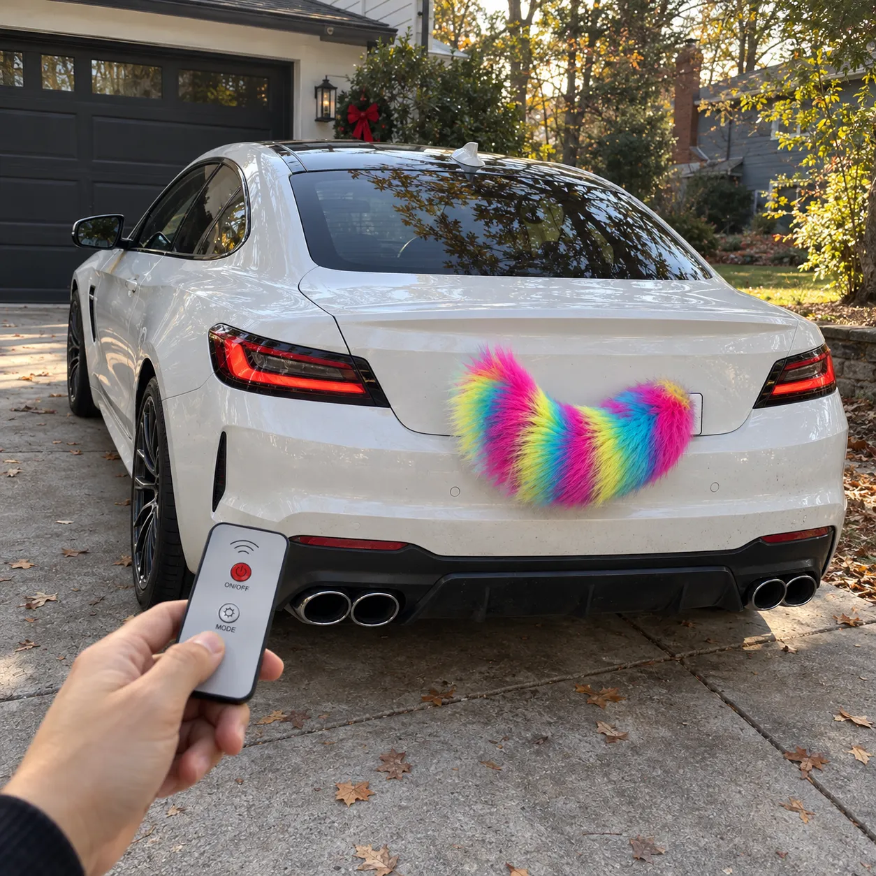 Hand using the exact two-button remote beside an installed lavender car tail