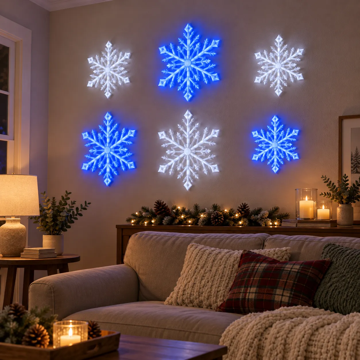 Hand using the supplied remote with six illuminated snowflake wall lights