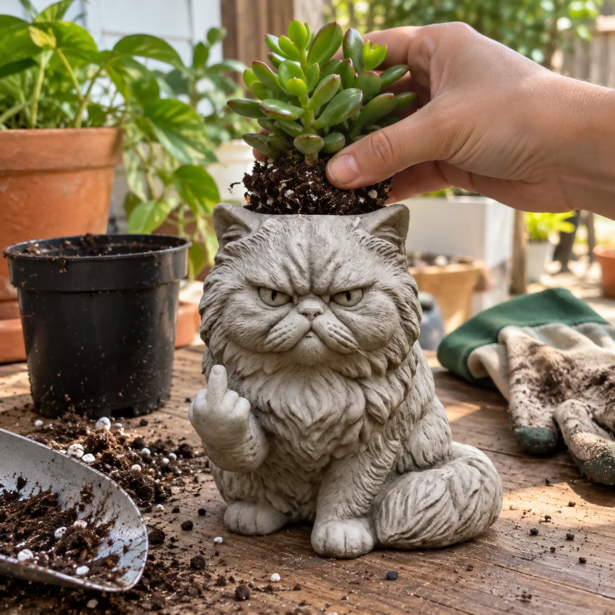 A small succulent being placed into the grumpy cat planter