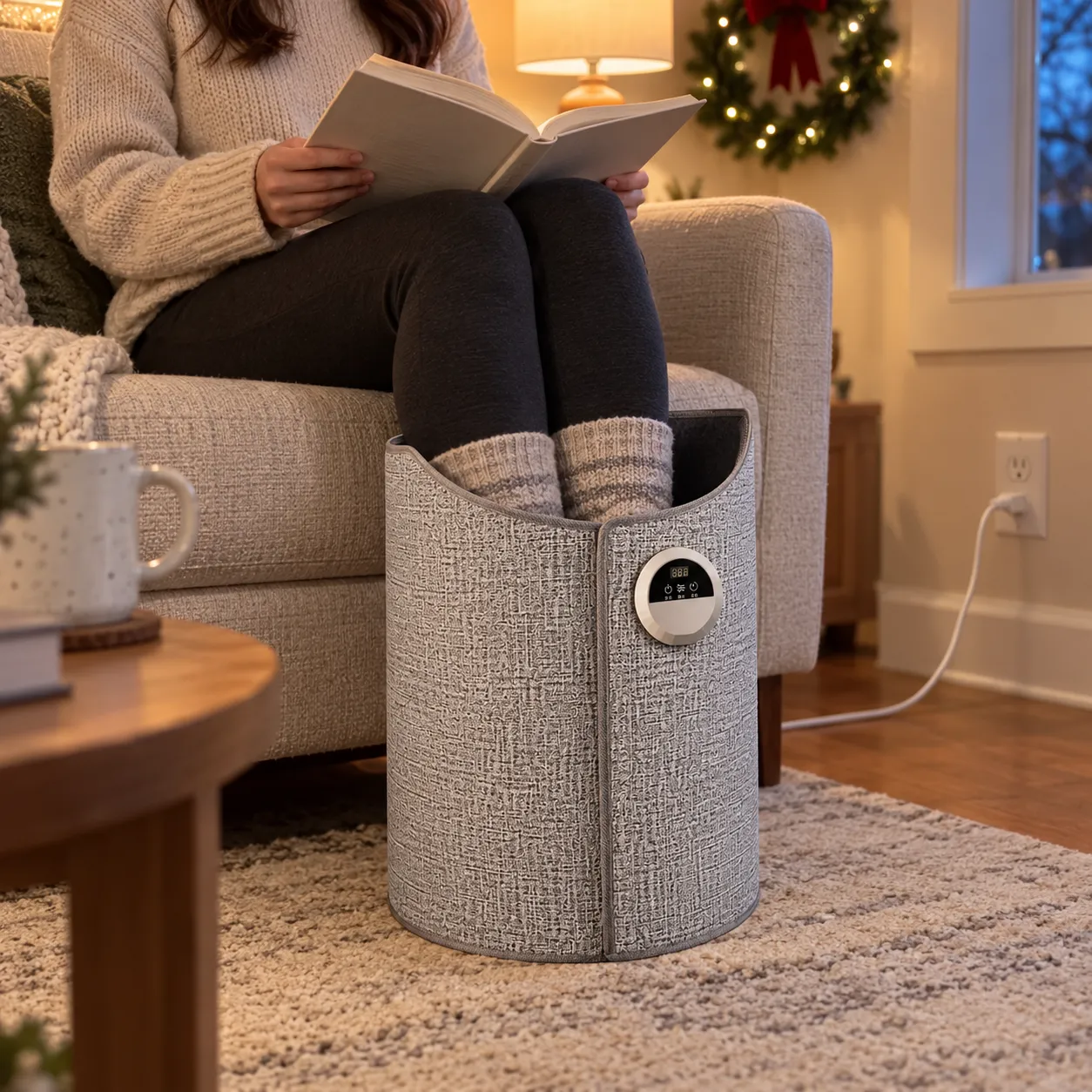 Warmer placed upright on a clear floor beside a reading chair with the cord routed to an outlet