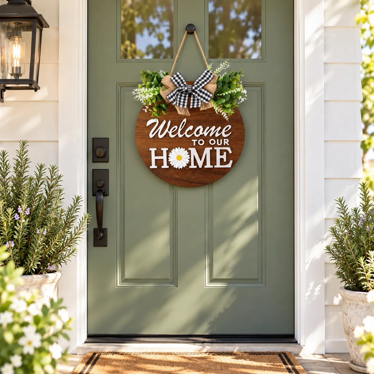 Wooden welcome sign creating a polished everyday front-door greeting