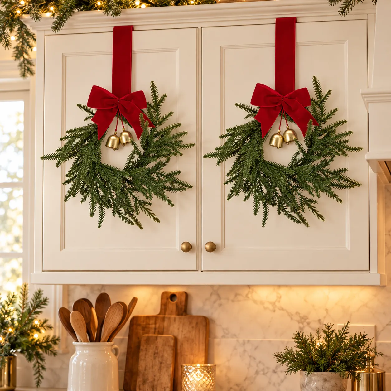 Norfolk pine bell wreaths on kitchen cabinets
