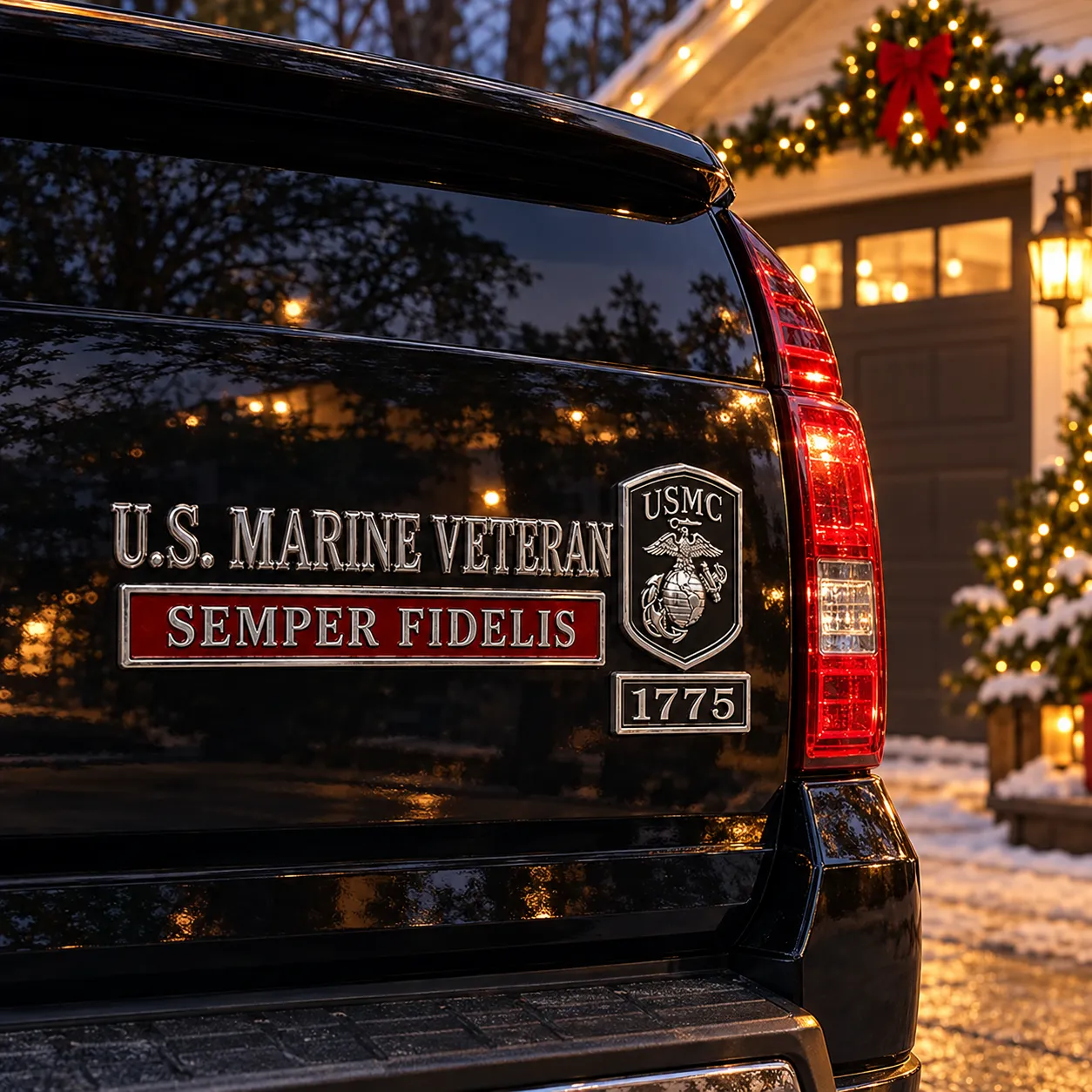 Marine Corps veteran emblem outside a decorated garage