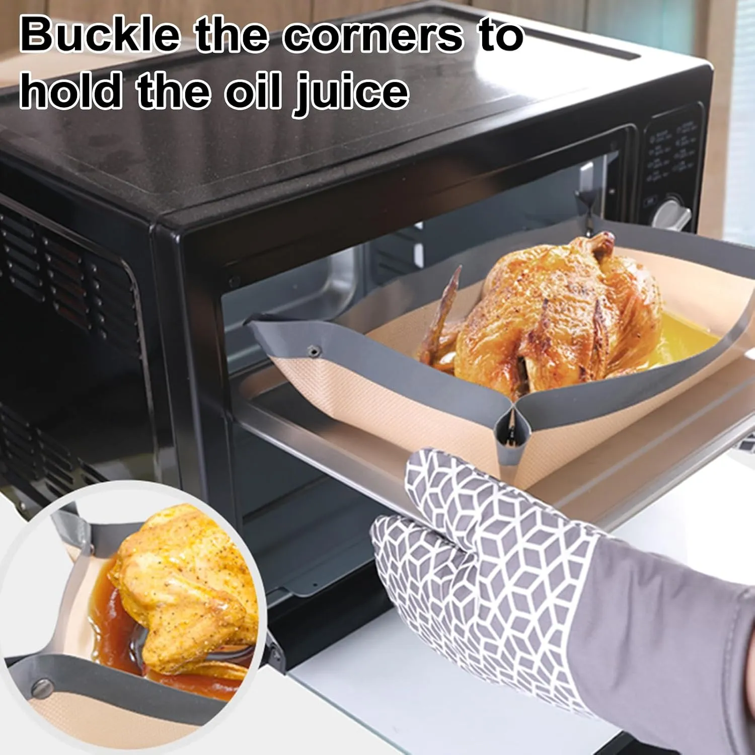 Gray snap-corner baking mat helping contain roasting juices
