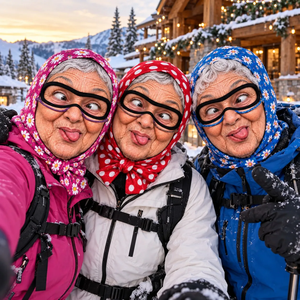 Friends wearing granny face balaclavas for a ski lodge selfie