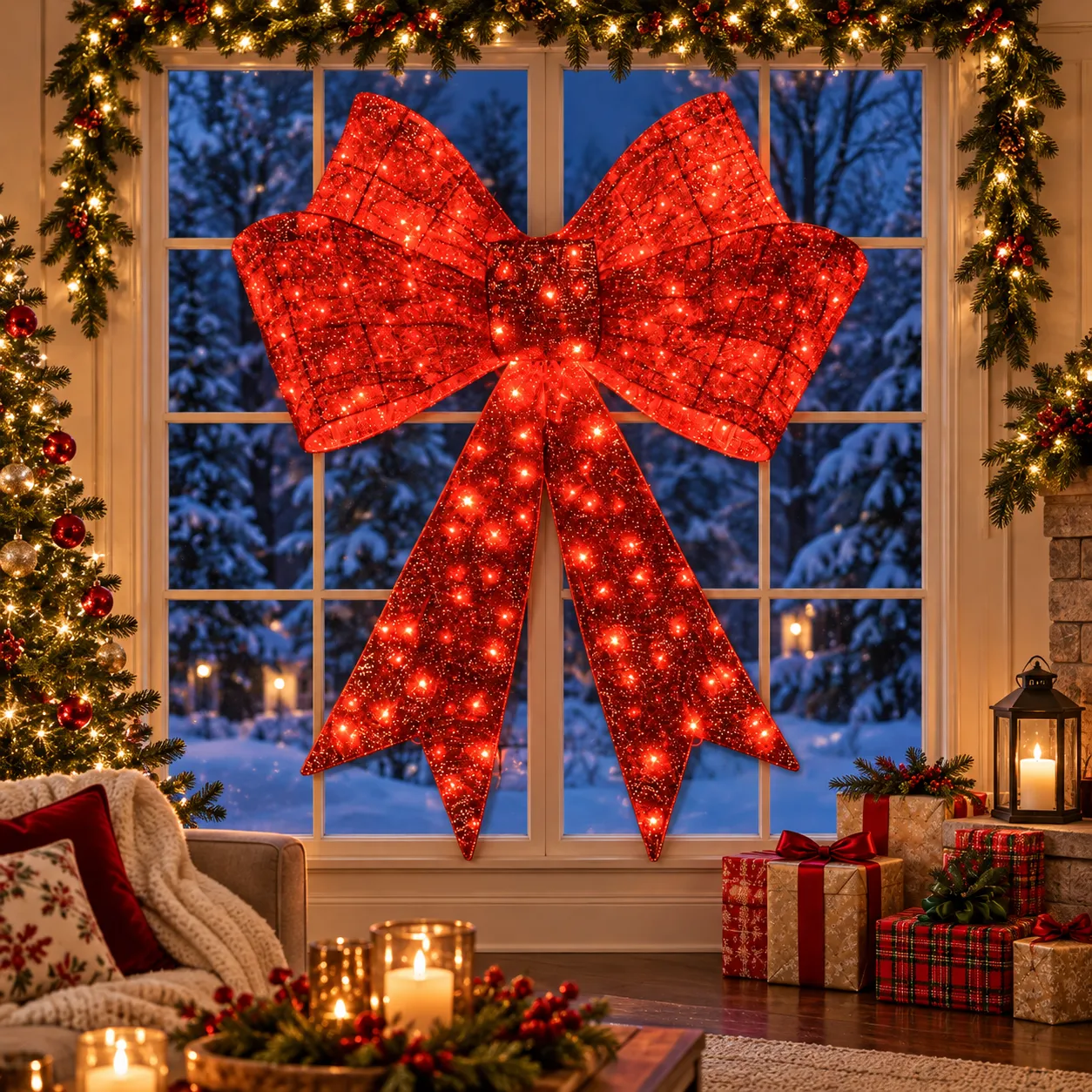 Beleuchtete rote Weihnachtsschleife an einem Panoramafenster