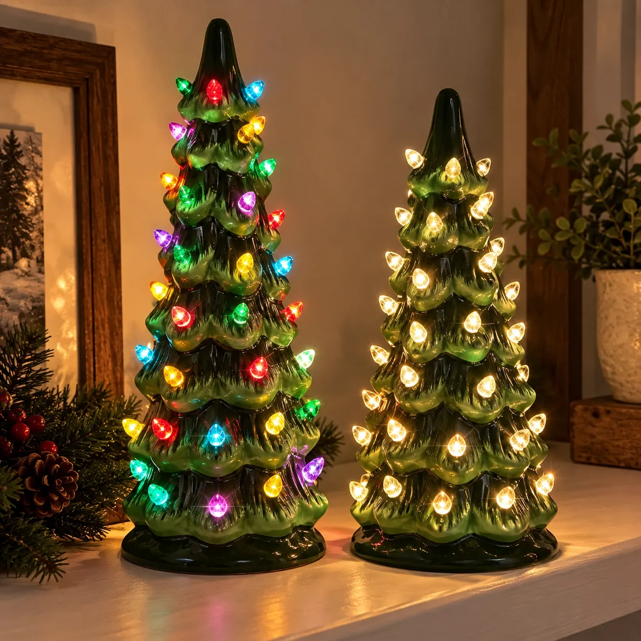 Multicolor and warm white ceramic tree lights side by side