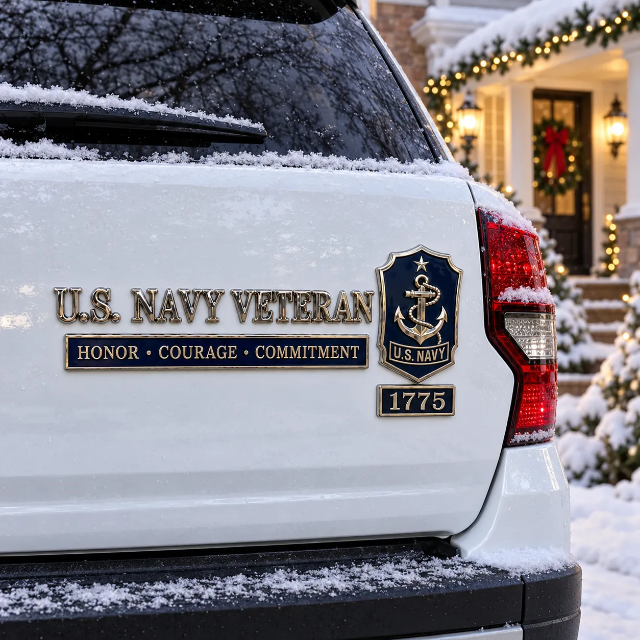 Navy veteran emblem on a snowy driveway