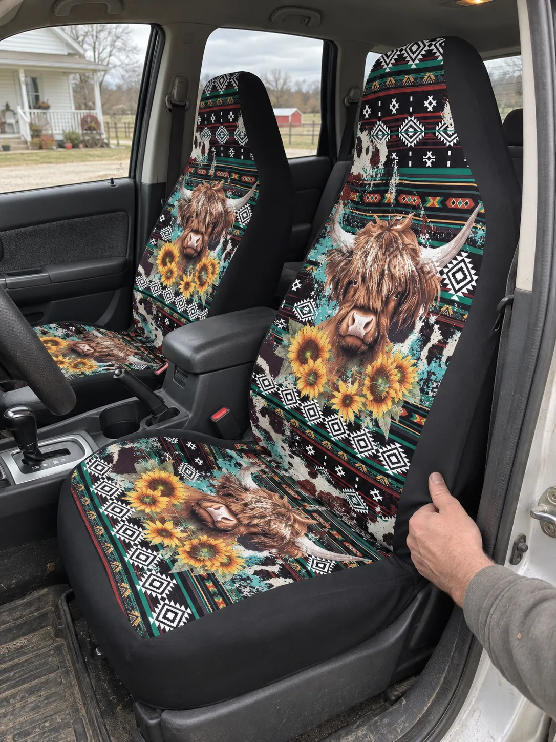 Western Bloom Highland-Rind-Komplettset für Autositzbezüge – Produktabbildung