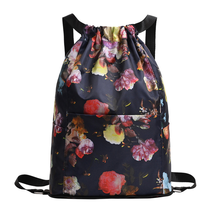 Ink peony print foldable drawstring backpack