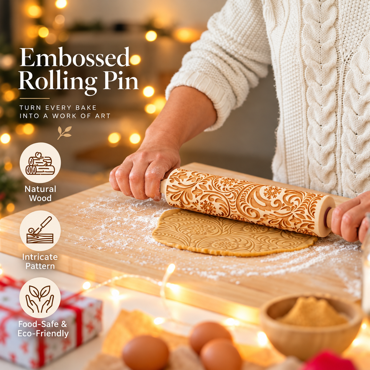 Christmas Embossed Wooden Rolling Pin