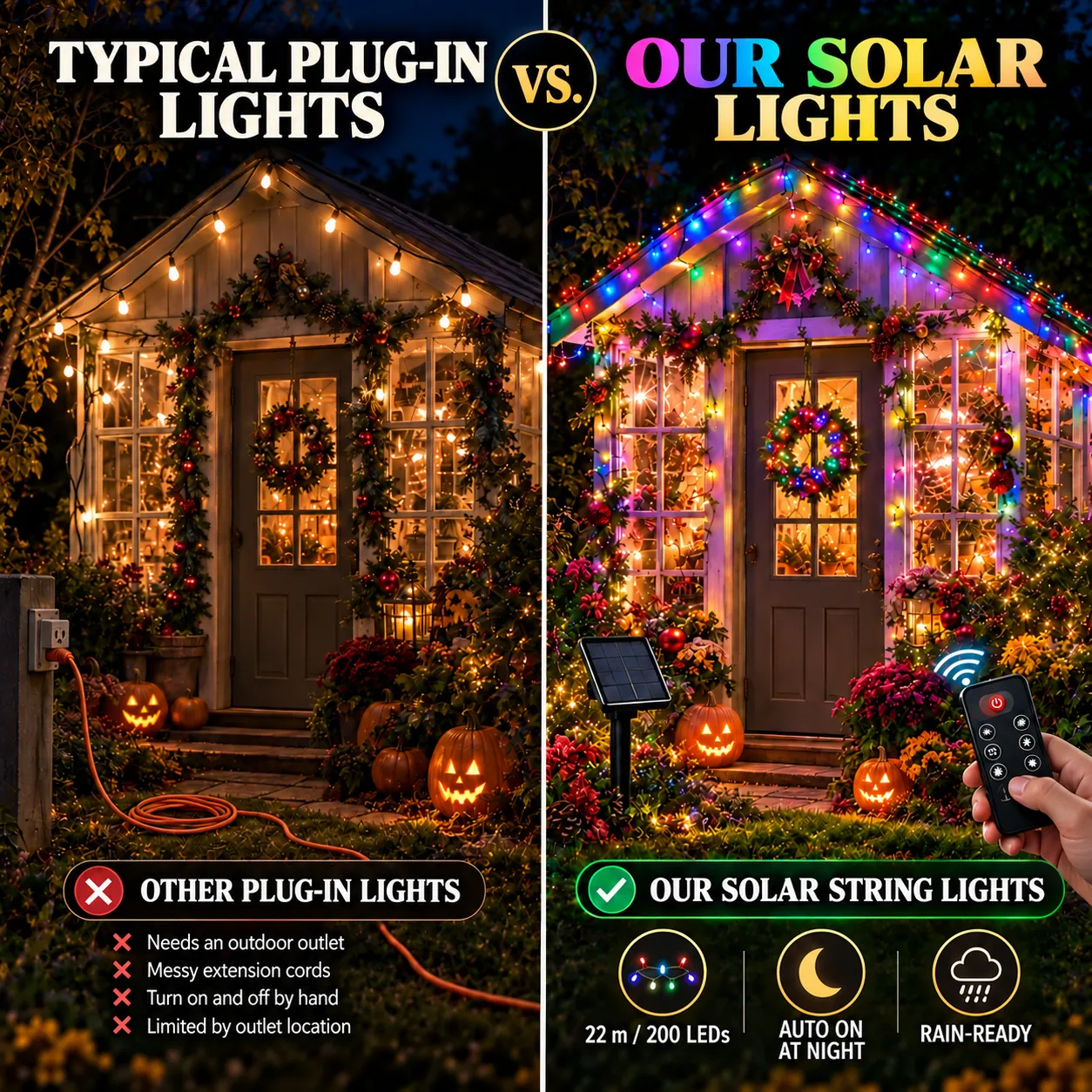 Comparison of typical plug-in lights and our remote-controlled solar string lights