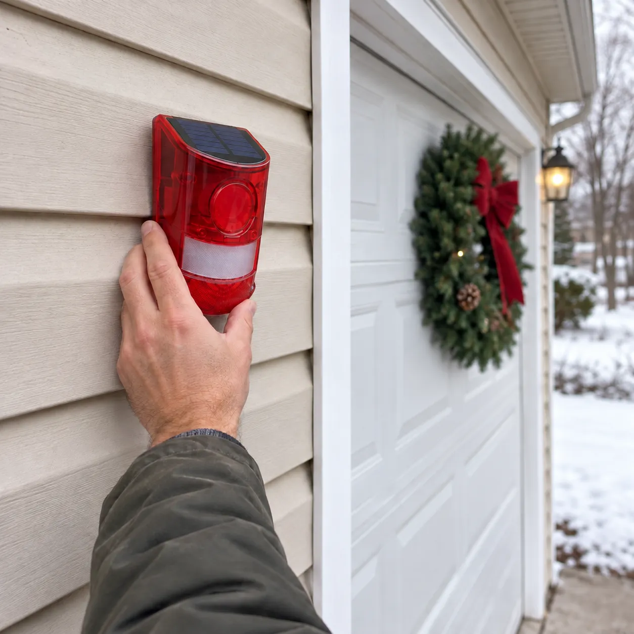 A hand holding the red solar alarm light against exterior siding