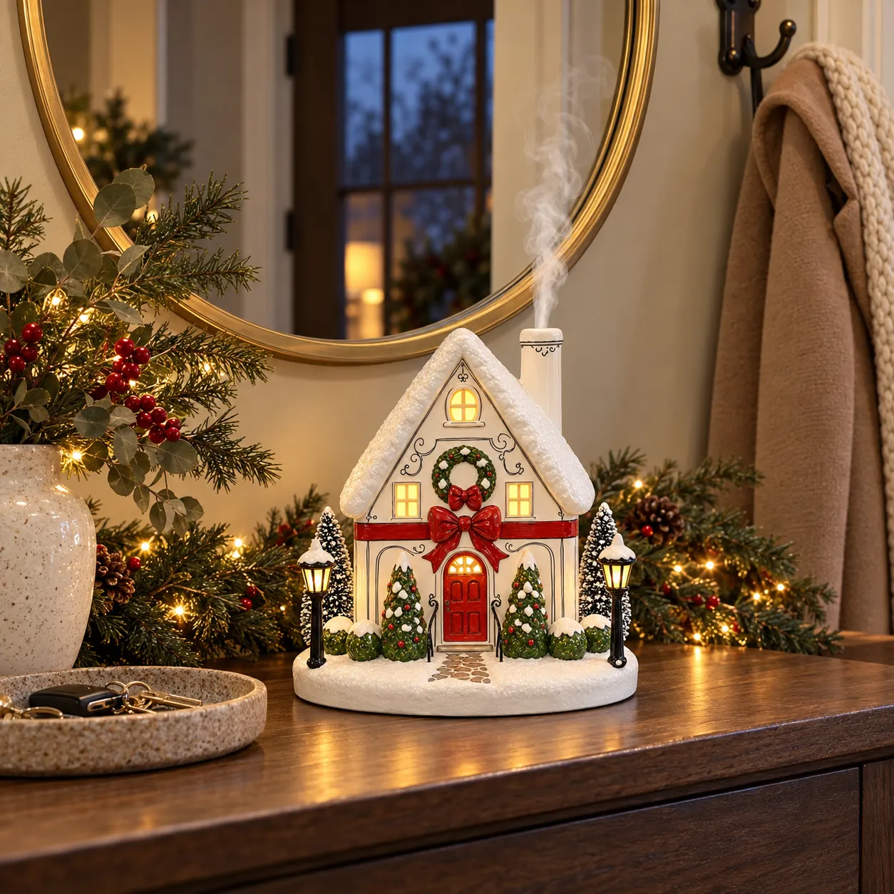 Snowdrift Cottage diffuser on a festive entryway console
