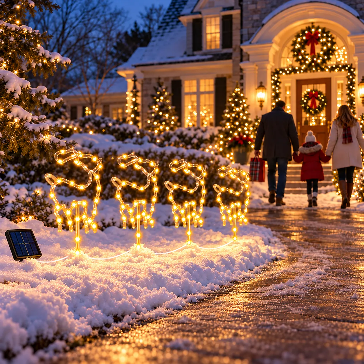 Family arriving along a Christmas walkway lined with warm white reindeer lights