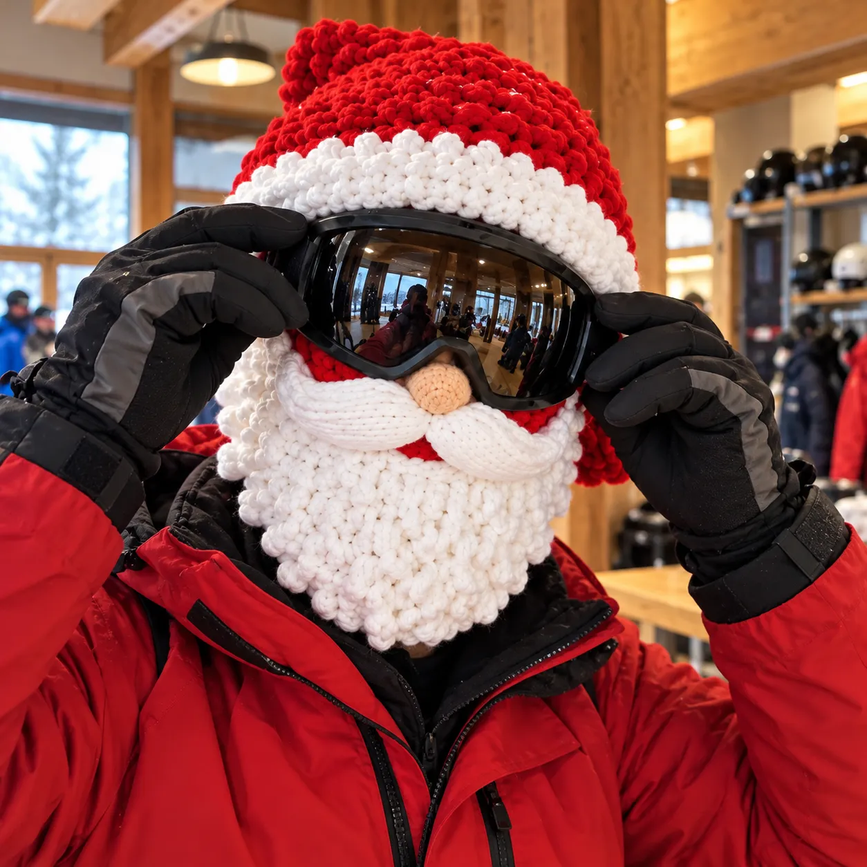 Adjusting ski goggles over the Santa knit mask
