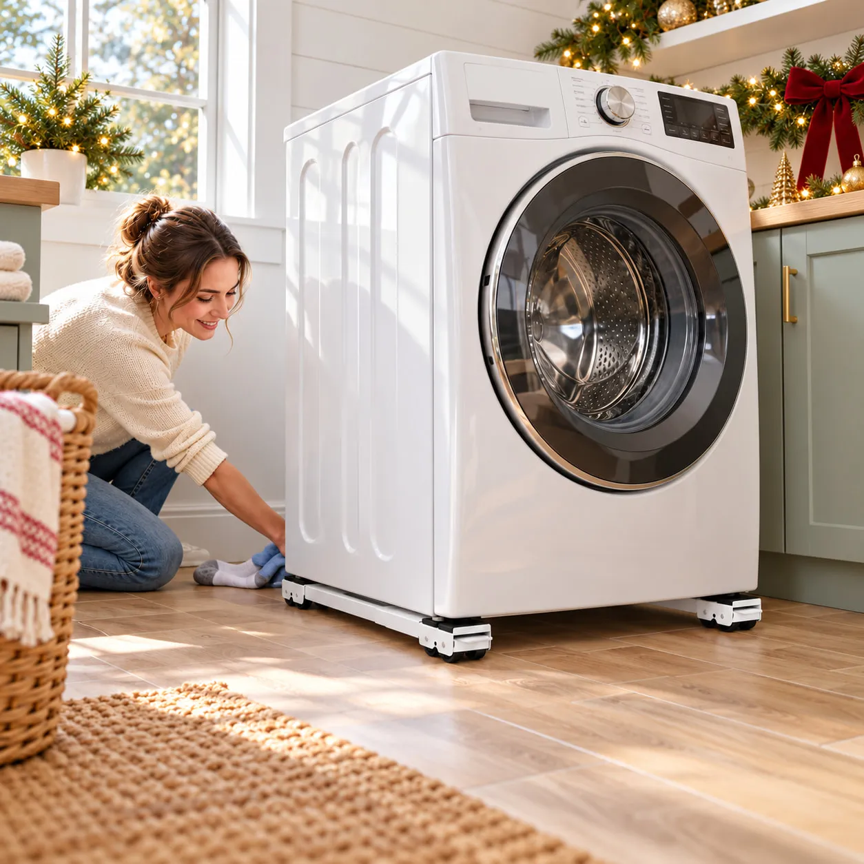 Full-depth washing machine on moving rails in a bright laundry room