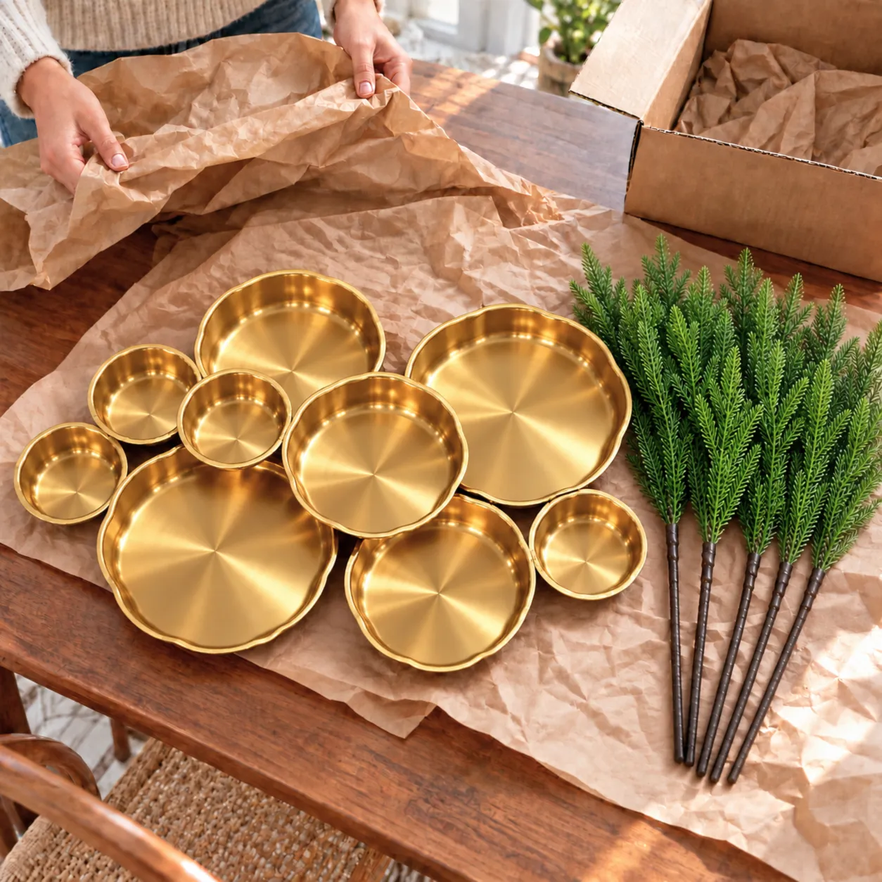 Golden nine-bowl centerpiece shown with exactly five optional pine stems
