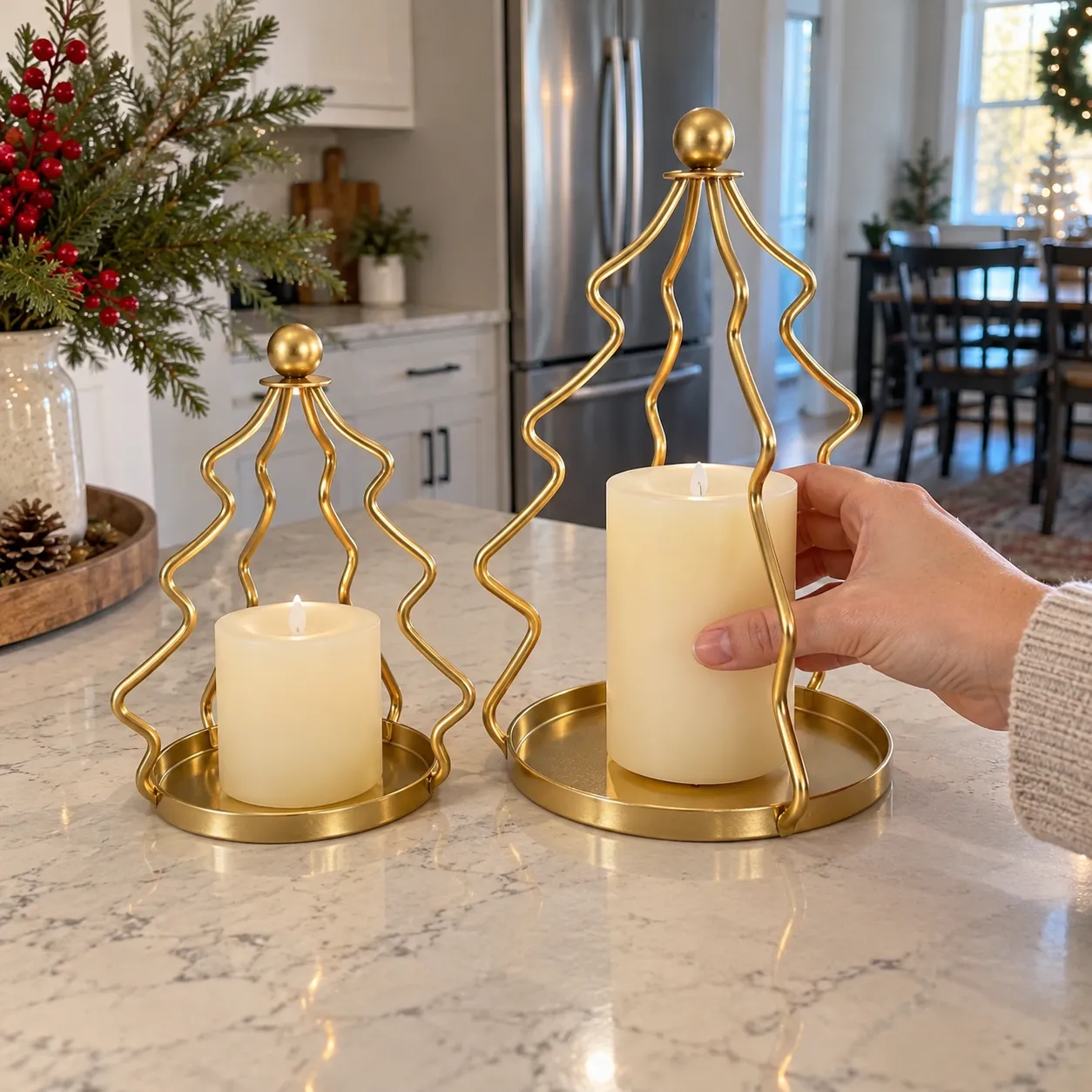 Flameless pillar candles shown with Large and Small gold holder options; sizes sold separately