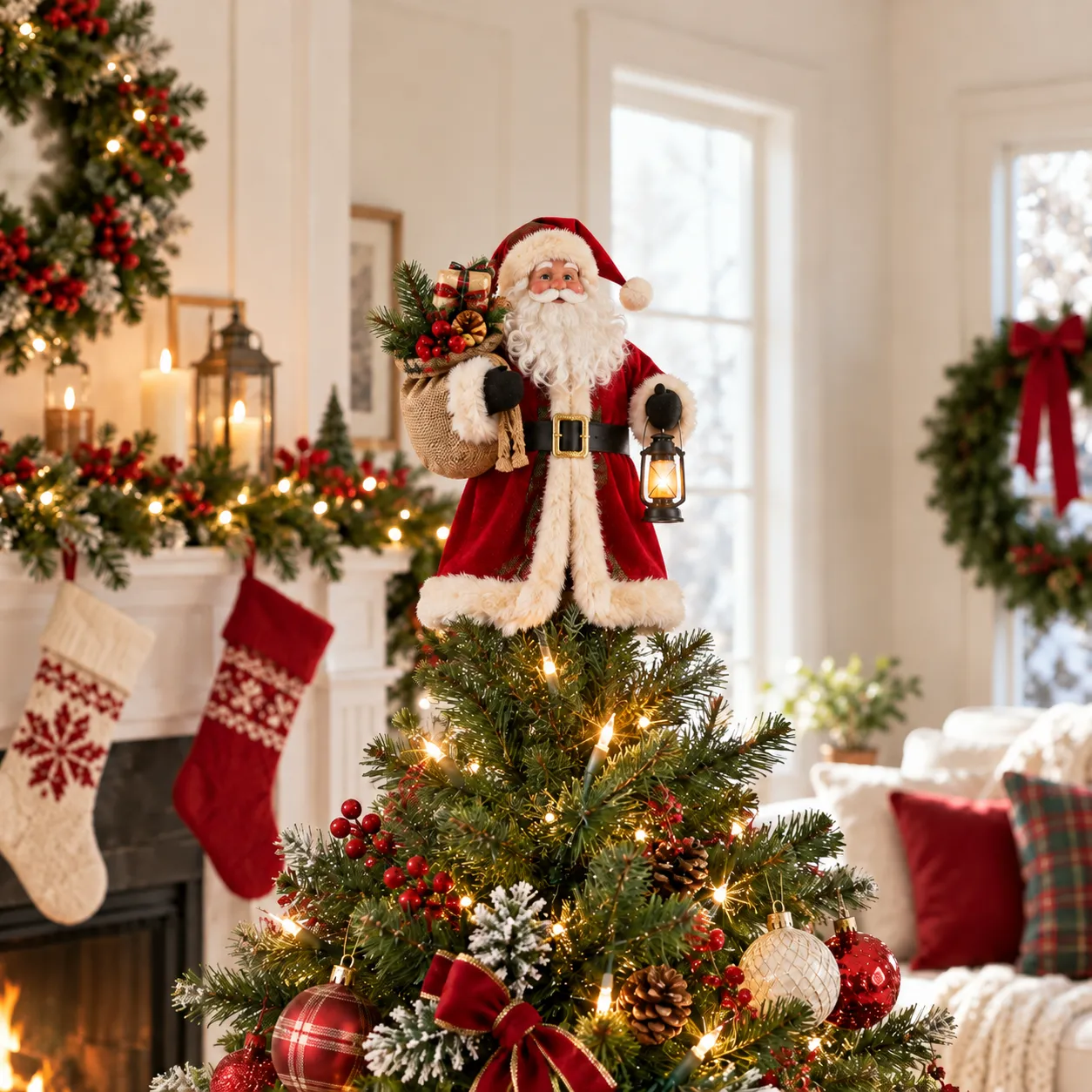 Santa figurine seated directly on the treetop with its support concealed by the coat hem