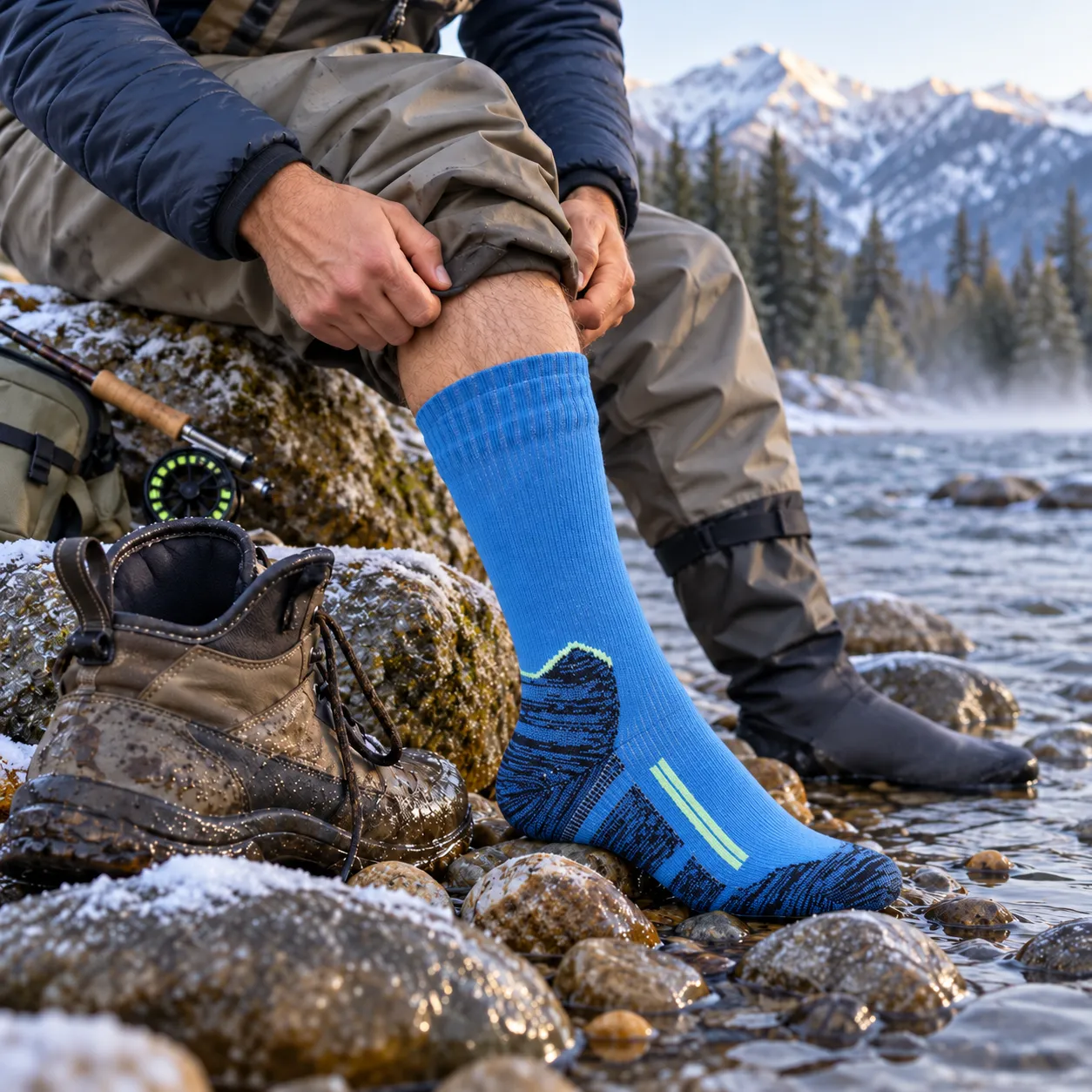 Blue waterproof sock worn by an angler beside a cold mountain river
