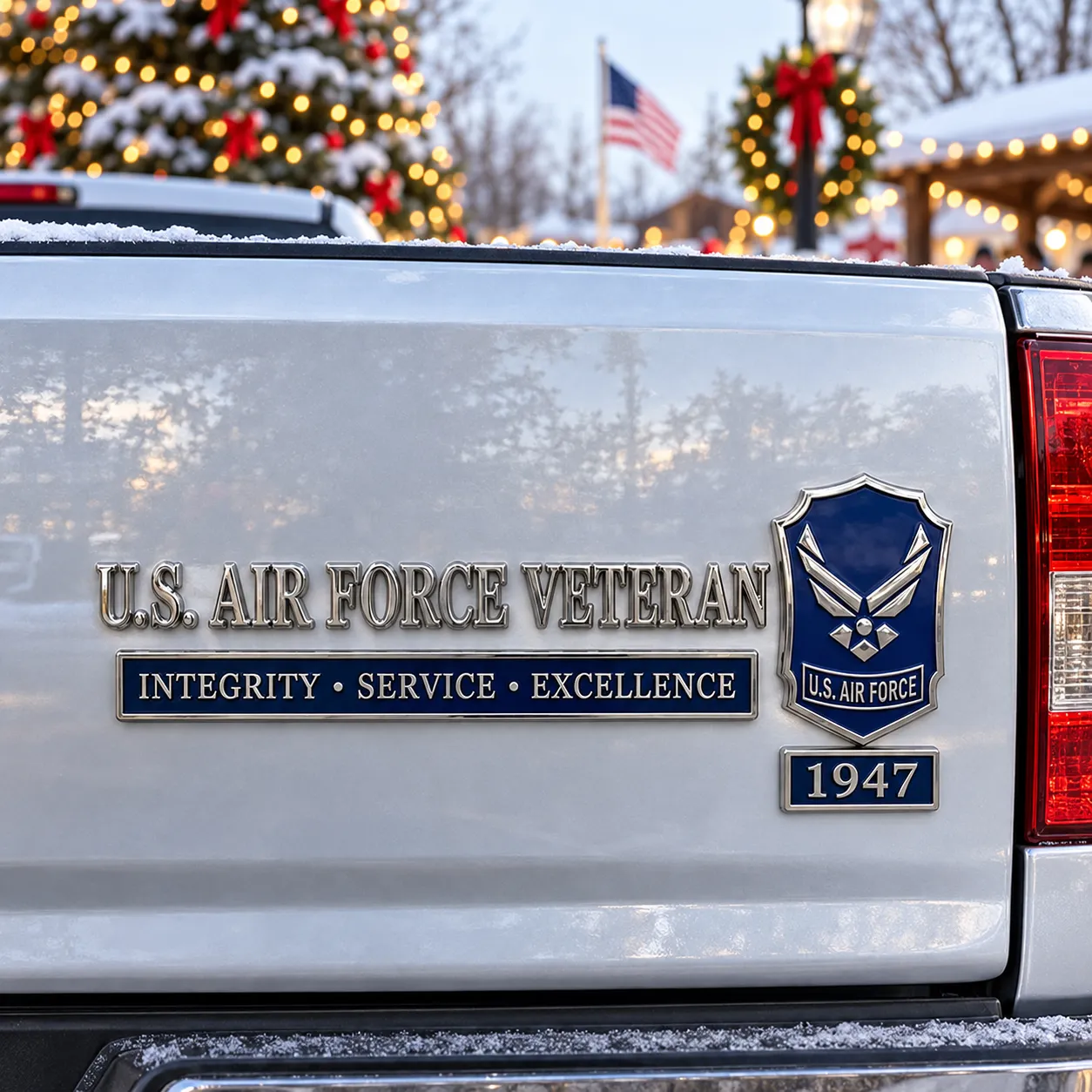 Air Force veteran emblem at a winter community gathering